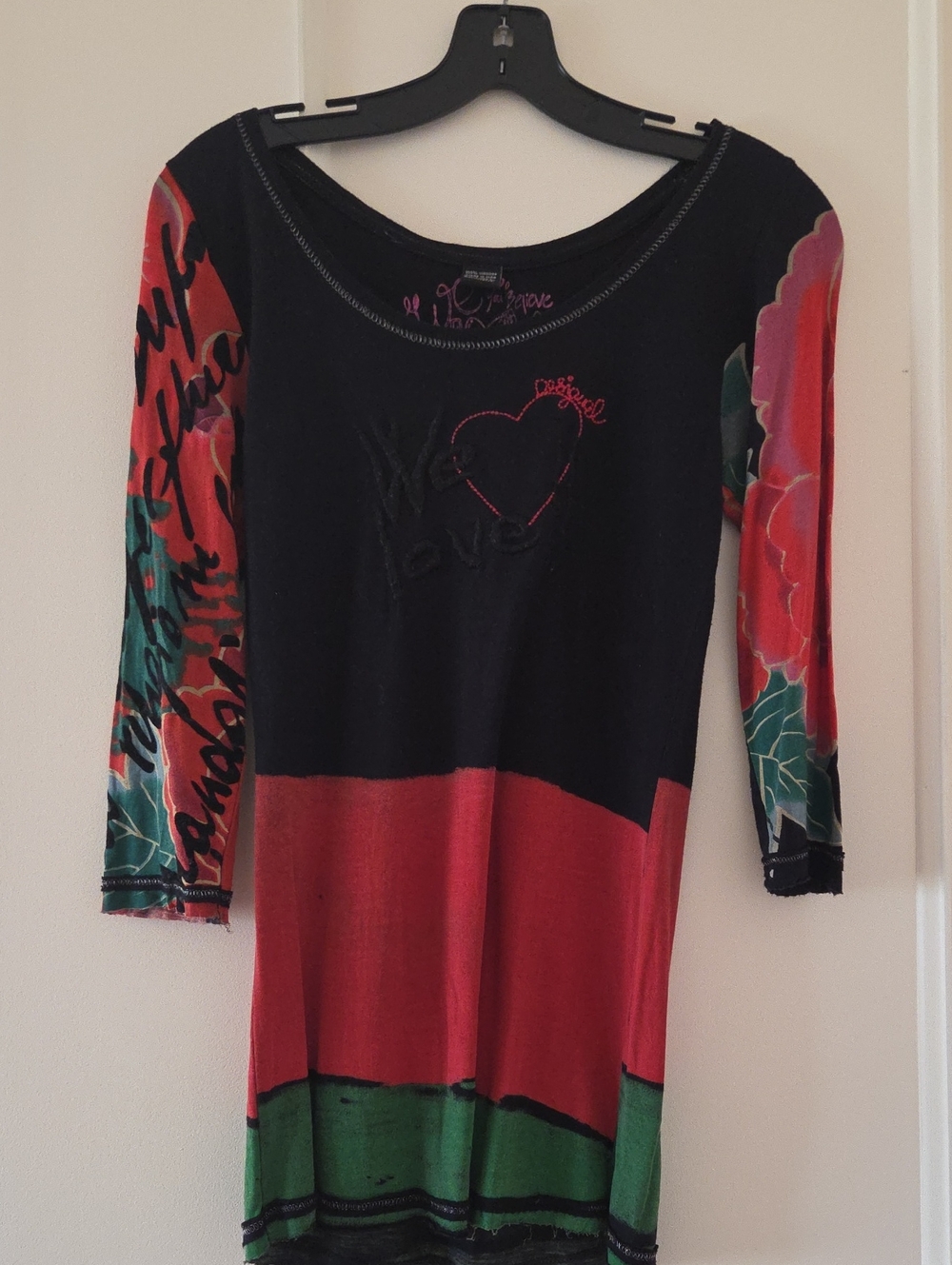 Desigual Black & Red Colorblock Floral Sleeve Women's Top/tunic